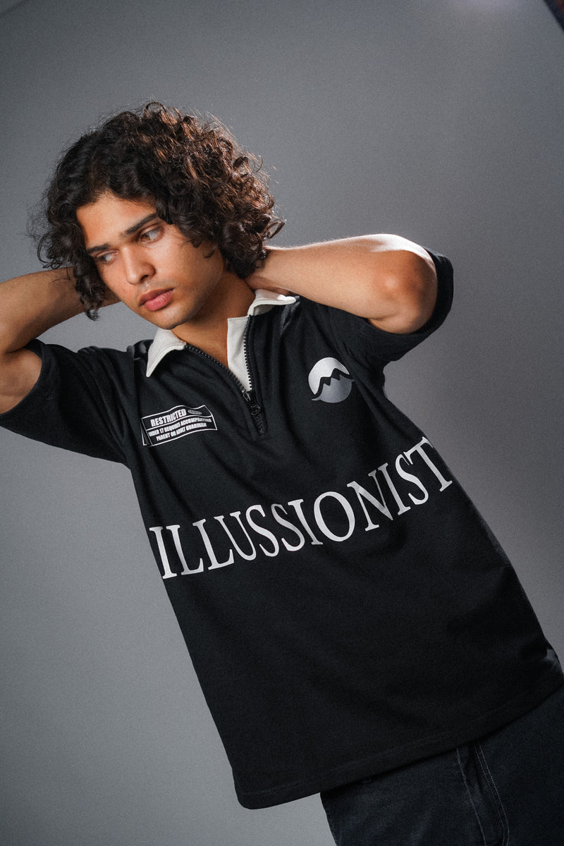 Illussion Zipper Polo T Shirt - Black