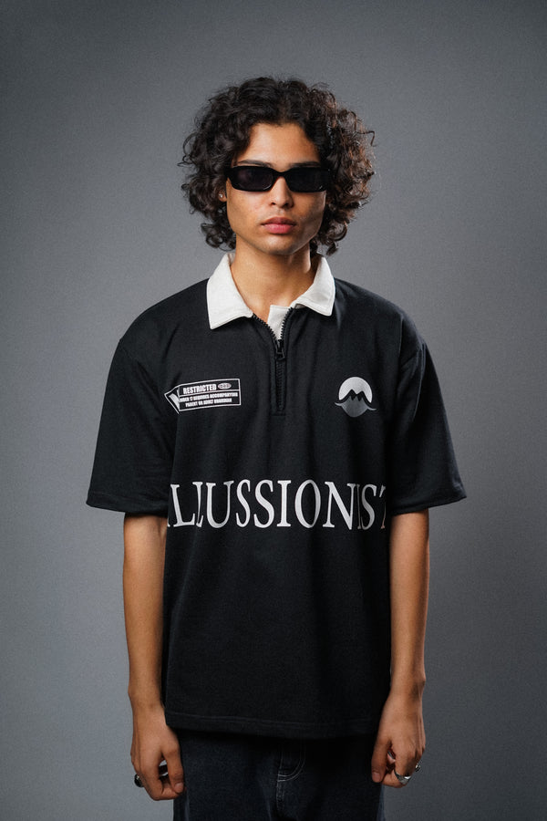 Illussion Zipper Polo T Shirt - Black