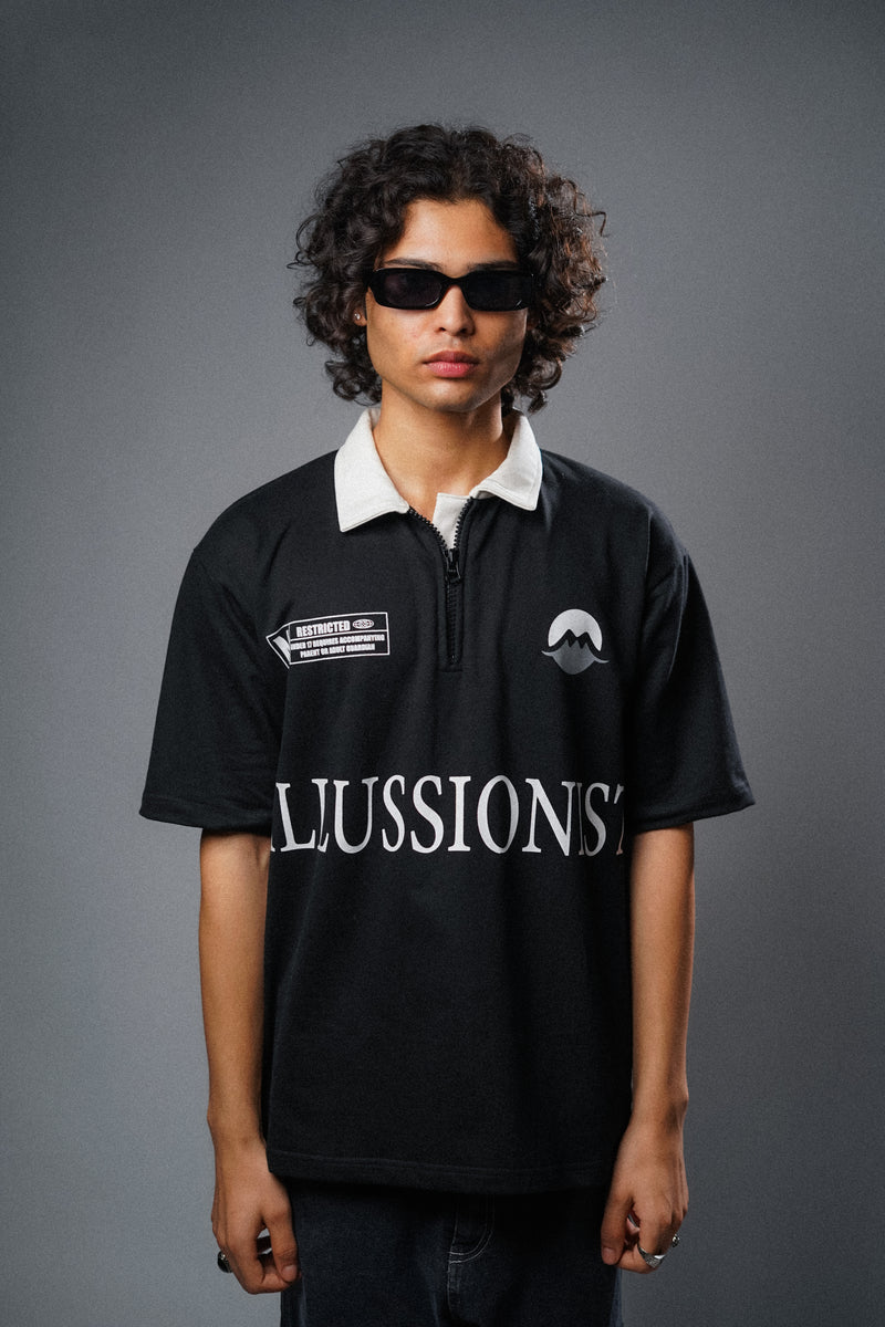 Illussion Zipper Polo T Shirt - Black