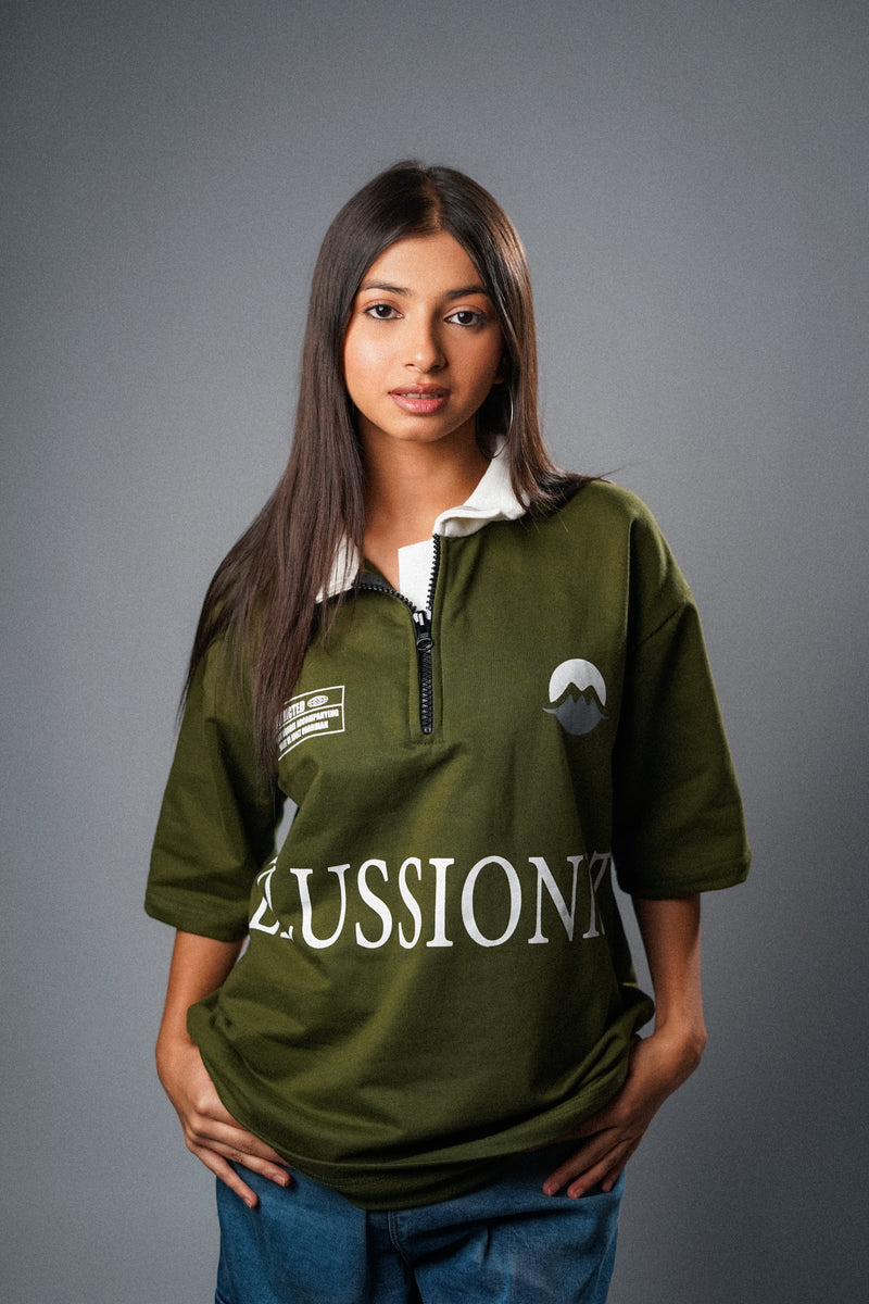 Illussion Zipper Polo T Shirt - Olive