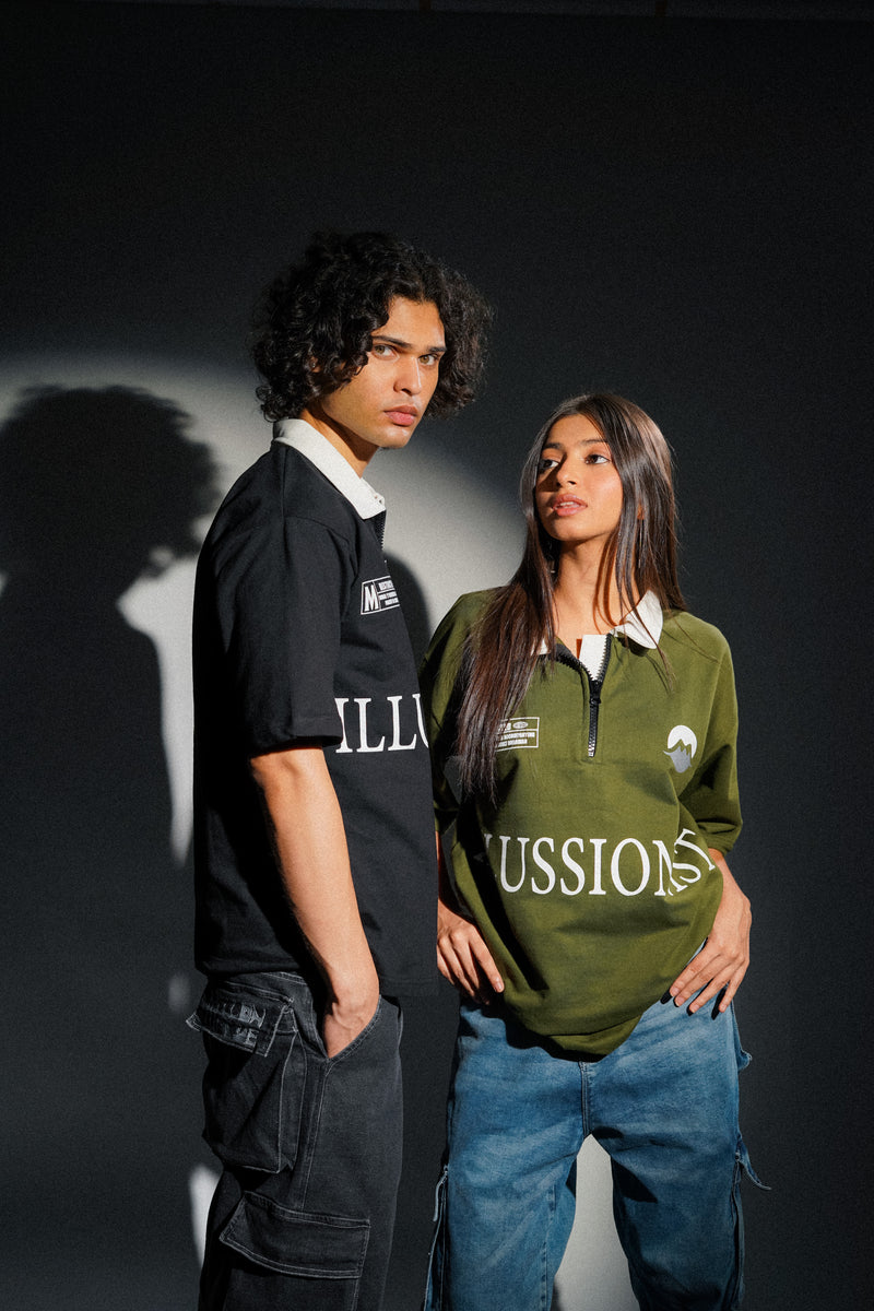 Illussion Zipper Polo T Shirt - Olive